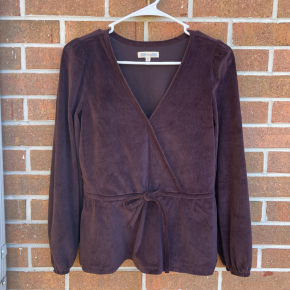 Corduroy Tie-Front Faux-Wrap Top Spiced Raisin Size XS NWOT - Picture 3 of 4